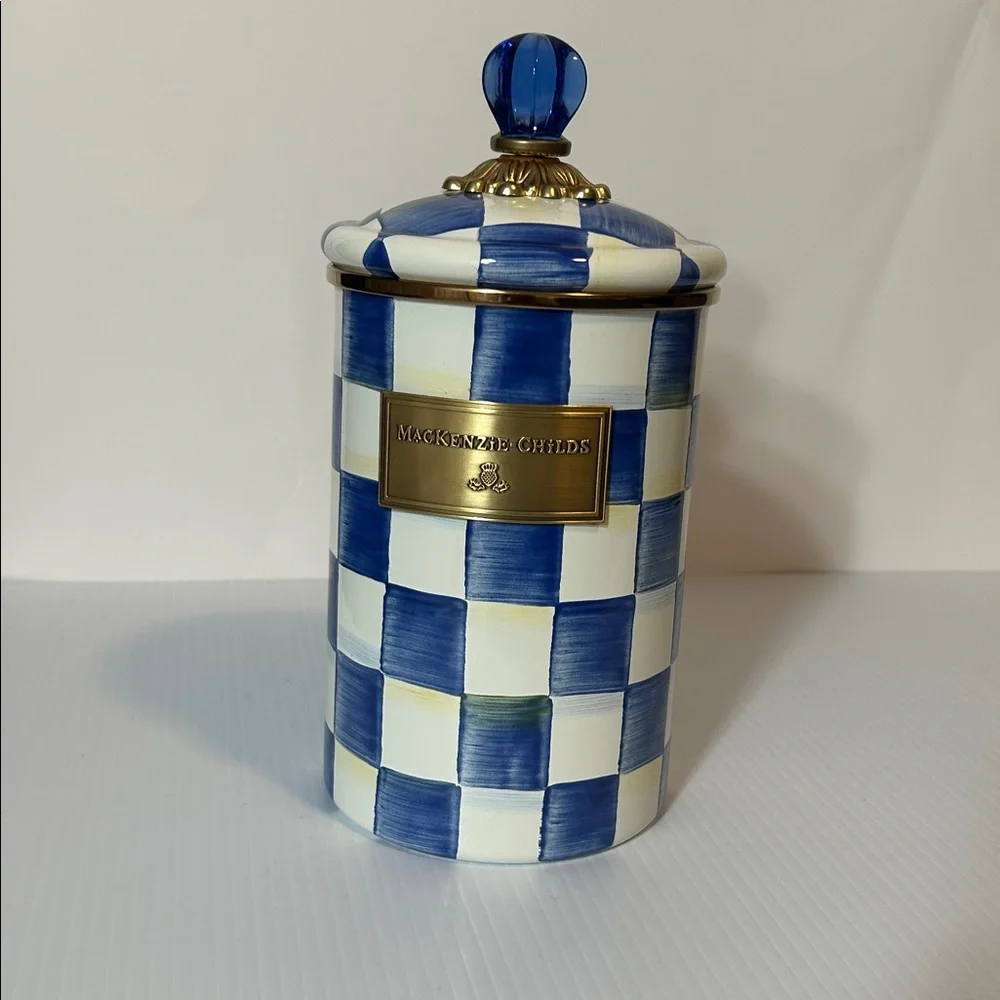 MacKenzie-Childs Royal Blue Check Large Canister Enamelware Kitchen Storage - Picture 3 of 8
